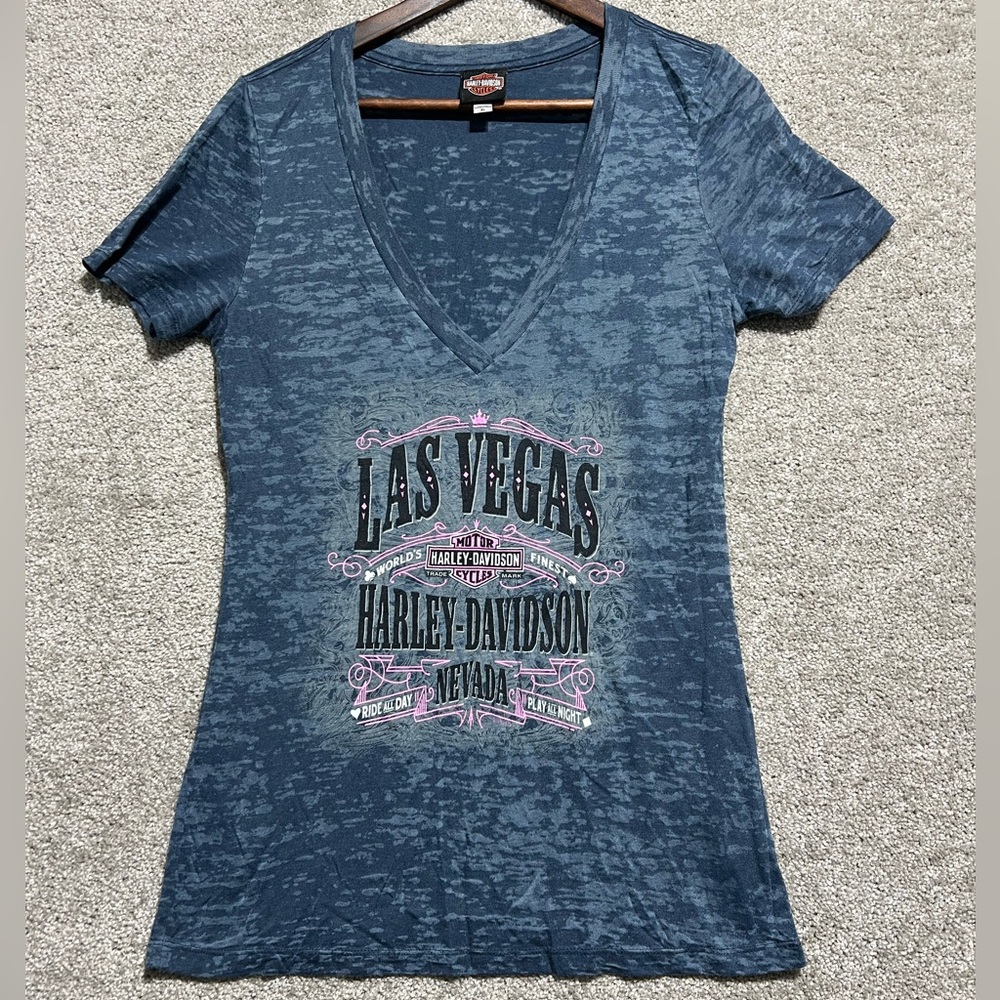 Harley Davidson Las Vegas Nevada V Cut Womens Short Sleeve Blue T Shirt Size XL